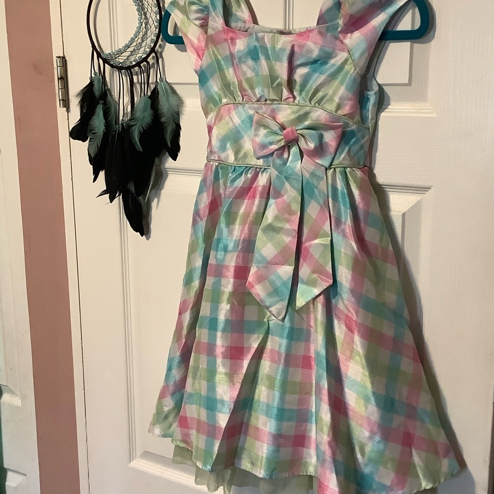 Reserved - Jona Michelle Pastel Plaid Dress with Bow Shiny Tulle Detail size 7